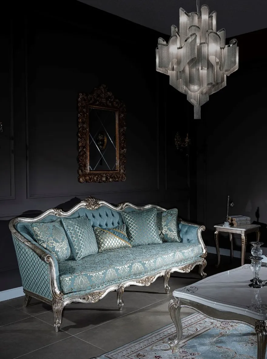 Casa Padrino Luxus Barock Sofa Hellblau / Silber / Gold 238 x 85 x H. 106 cm - Wohnzimmer Sofa mit elegantem Muster und dekorativen Kissen - Barock Wohnzimmer Möbel