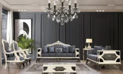 Casa Padrino Luxus Barock Sofa Blau / Weiß / Schwarz / Gold - Barockstil Wohnzimmer Sofa mit elegantem Muster - Luxus Wohnzimmer Möbel im Barockstil - Barock Möbel - Barock Einrichtung