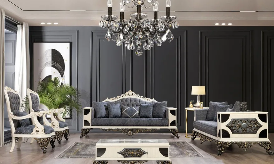 Casa Padrino Luxus Barock Sofa Blau / Weiß / Schwarz / Gold - Barockstil Wohnzimmer Sofa mit elegantem Muster - Luxus Wohnzimmer Möbel im Barockstil - Barock Möbel - Barock Einrichtung