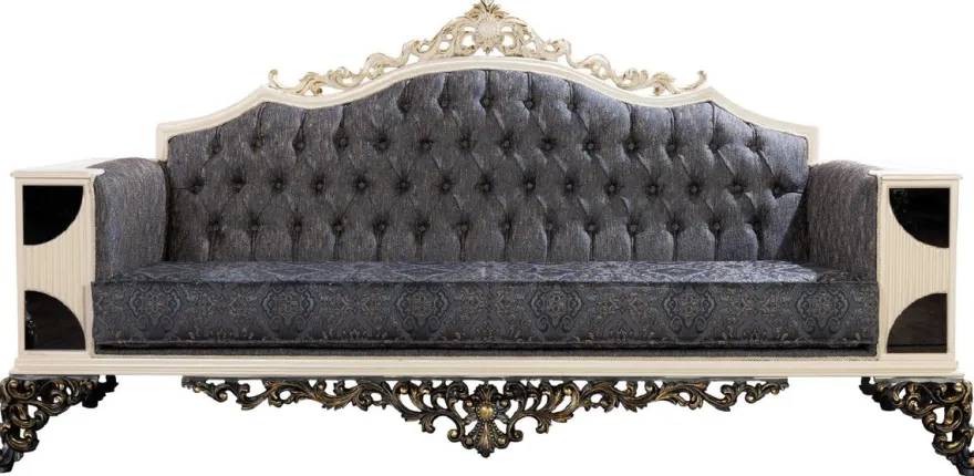 Casa Padrino Luxus Barock Sofa Blau / Weiß / Schwarz / Gold - Barockstil Wohnzimmer Sofa mit elegantem Muster - Luxus Wohnzimmer Möbel im Barockstil - Barock Möbel - Barock Einrichtung