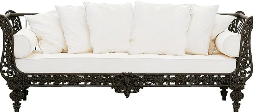 Casa Padrino Luxus Barock Sofa Dunkelbraun / Weiß 212 x 87 x H. 77 cm - Handgeschmiedetes Schmiedeeisen Sofa mit Kissen - Wohnzimmer Sofa - Garten Sofa - Terrassen Sofa - Barock Möbel