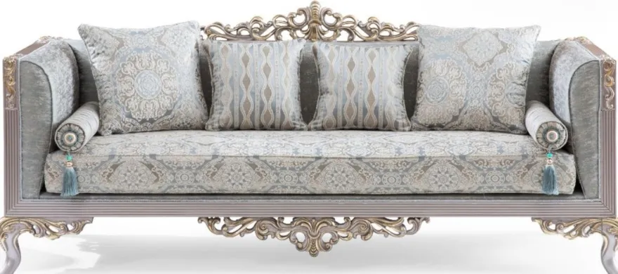 Casa Padrino Luxus Barock Sofa Türkis / Silber / Gold 225 x 86 x H. 98 cm - Edles Wohnzimmer Sofa im Barockstil - Barock Möbel
