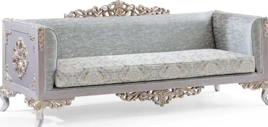 Casa Padrino Luxus Barock Sofa Türkis / Silber / Gold 225 x 86 x H. 98 cm - Edles Wohnzimmer Sofa im Barockstil - Barock Möbel