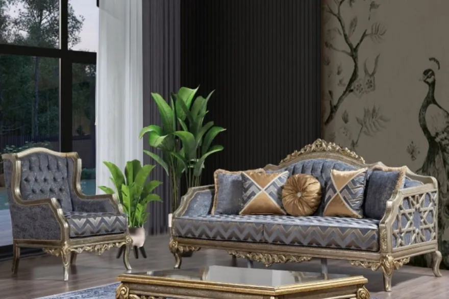 Casa Padrino Luxus Barock Sofa Blau / Silber / Gold - Handgefertigtes Wohnzimmer Sofa im Barockstil - Barock Wohnzimmer Möbel - Edel & Prunkvoll