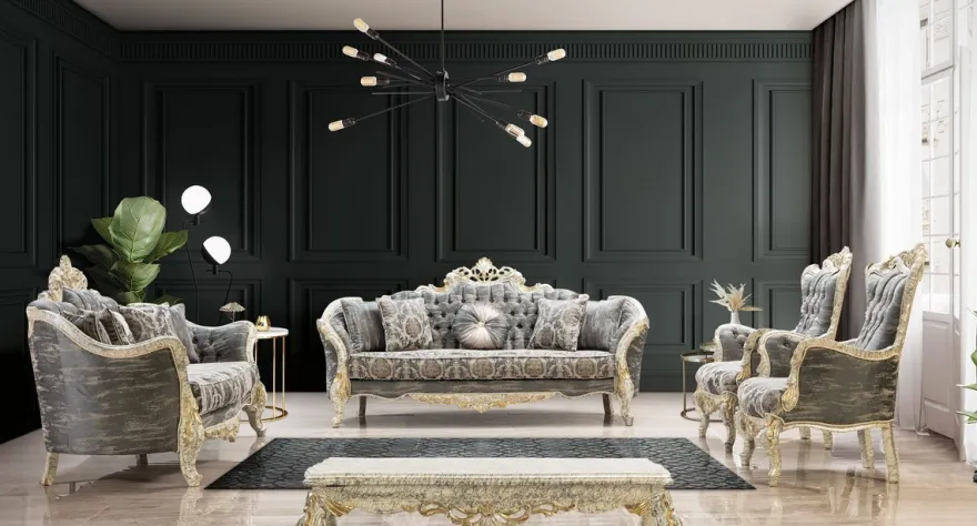 Casa Padrino Luxus Barock Sofa Grau / Antik Weiß / Gold - Barockstil Wohnzimmer Sofa mit elegantem Muster - Luxus Wohnzimmer Möbel im Barockstil - Barock Möbel - Barock Einrichtung
