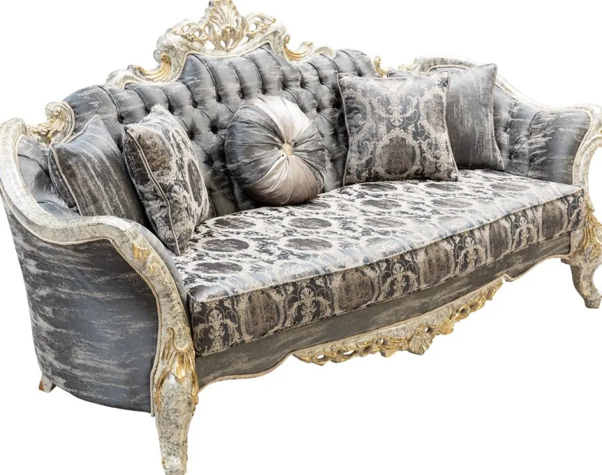 Casa Padrino Luxus Barock Sofa Grau / Antik Weiß / Gold - Barockstil Wohnzimmer Sofa mit elegantem Muster - Luxus Wohnzimmer Möbel im Barockstil - Barock Möbel - Barock Einrichtung