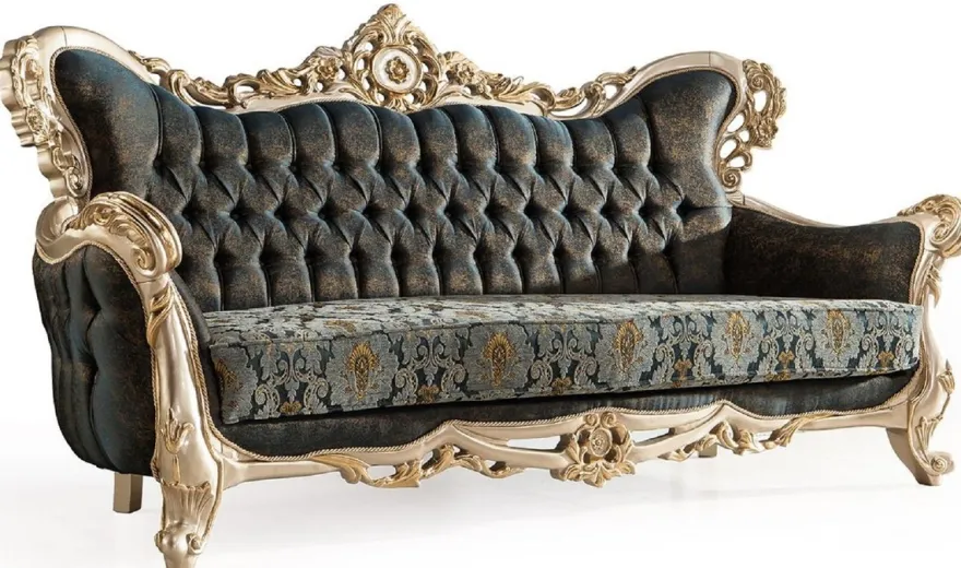 Casa Padrino Luxus Barock Sofa Dunkelblau / Türkis / Silber / Gold - Prunkvolles Wohnzimmer Sofa - Barock Wohnzimmer Möbel - Edel & Prunkvoll