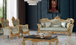 Casa Padrino Luxus Barock Sofa Grün / Gold 250 x 100 x H. 125 cm - Handgefertigtes Wohnzimmer Sofa mit elegantem Muster - Barock Wohnzimmer Möbel - Edel & Prunkvoll