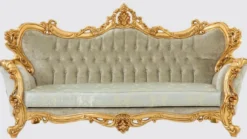 Casa Padrino Luxus Barock Sofa Grün / Gold 250 x 100 x H. 125 cm - Handgefertigtes Wohnzimmer Sofa mit elegantem Muster - Barock Wohnzimmer Möbel - Edel & Prunkvoll