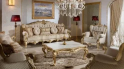 Casa Padrino Luxus Barock Sofa Grau / Mehrfarbig / Gold 245 cm