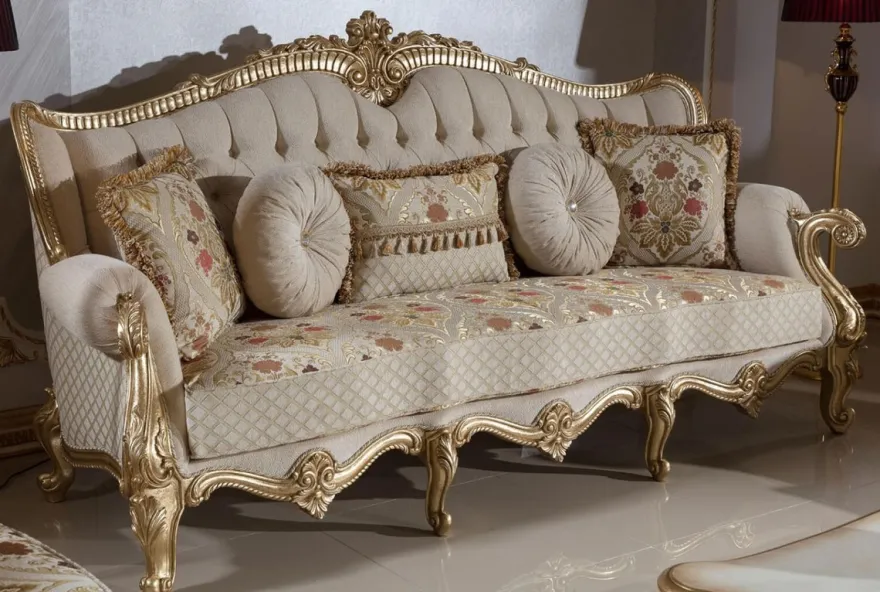 Casa Padrino Luxus Barock Sofa Grau / Mehrfarbig / Gold 245 cm