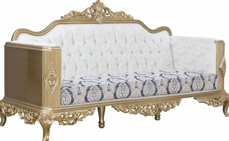 Casa Padrino Luxus Barock Sofa Blau / Weiß / Gold 234 x 93 x H. 124 cm - Wohnzimmer Möbel im Barockstil - Edel & Prunkvoll