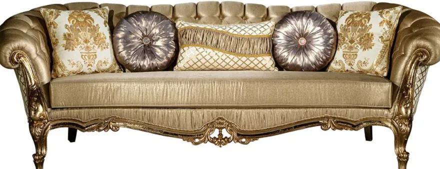 Casa Padrino Luxus Barock Sofa Gold / Weiß 268 x 110 x H. 87 cm - Prunkvolles Wohnzimmer Sofa mit dekorativen Kissen - Wohnzimmer Möbel im Barockstil