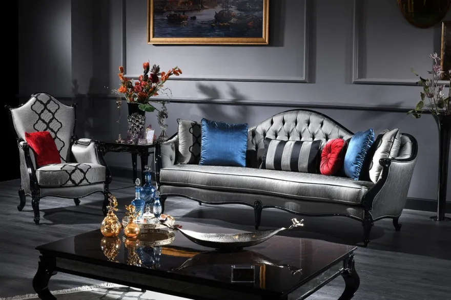 Casa Padrino Luxus Barock Sofa Silber / Schwarz 250 x 92 x H. 103 cm - Prunkvolles Wohnzimmer Sofa im Barockstil