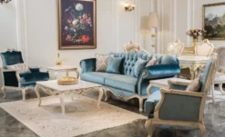 Casa Padrino Luxus Barock Sofa Blau / Weiß 225 x 87 x H. 101 cm - Wohnzimmer Sofa mit dekorativen Kissen - Wohnzimmer Möbel im Barockstil