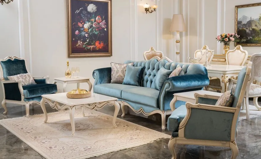 Casa Padrino Luxus Barock Sofa Blau / Weiß 225 x 87 x H. 101 cm - Wohnzimmer Sofa mit dekorativen Kissen - Wohnzimmer Möbel im Barockstil