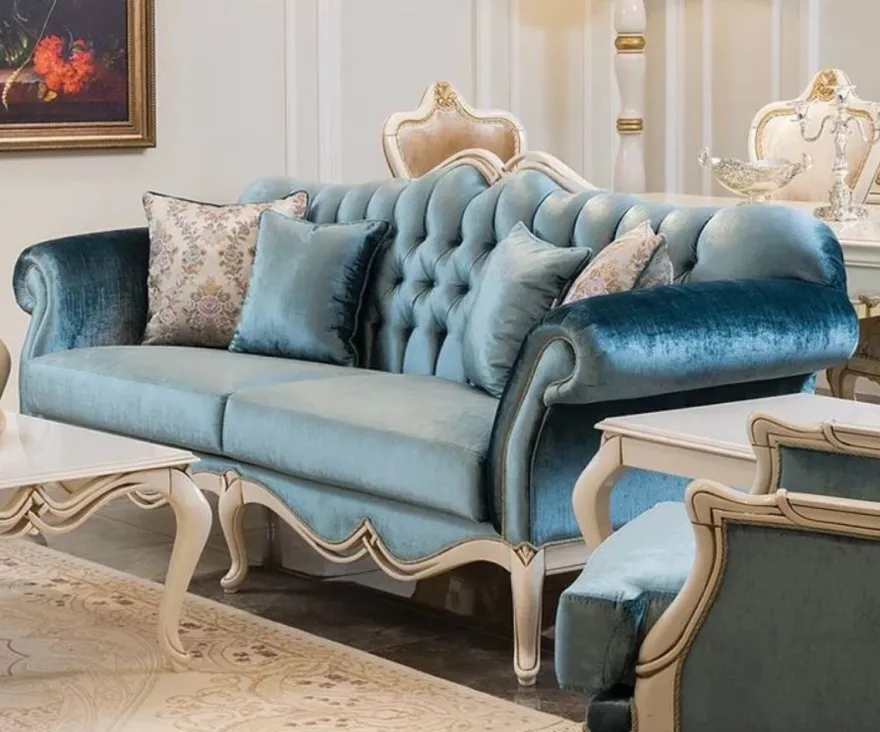Casa Padrino Luxus Barock Sofa Blau / Weiß 225 x 87 x H. 101 cm - Wohnzimmer Sofa mit dekorativen Kissen - Wohnzimmer Möbel im Barockstil