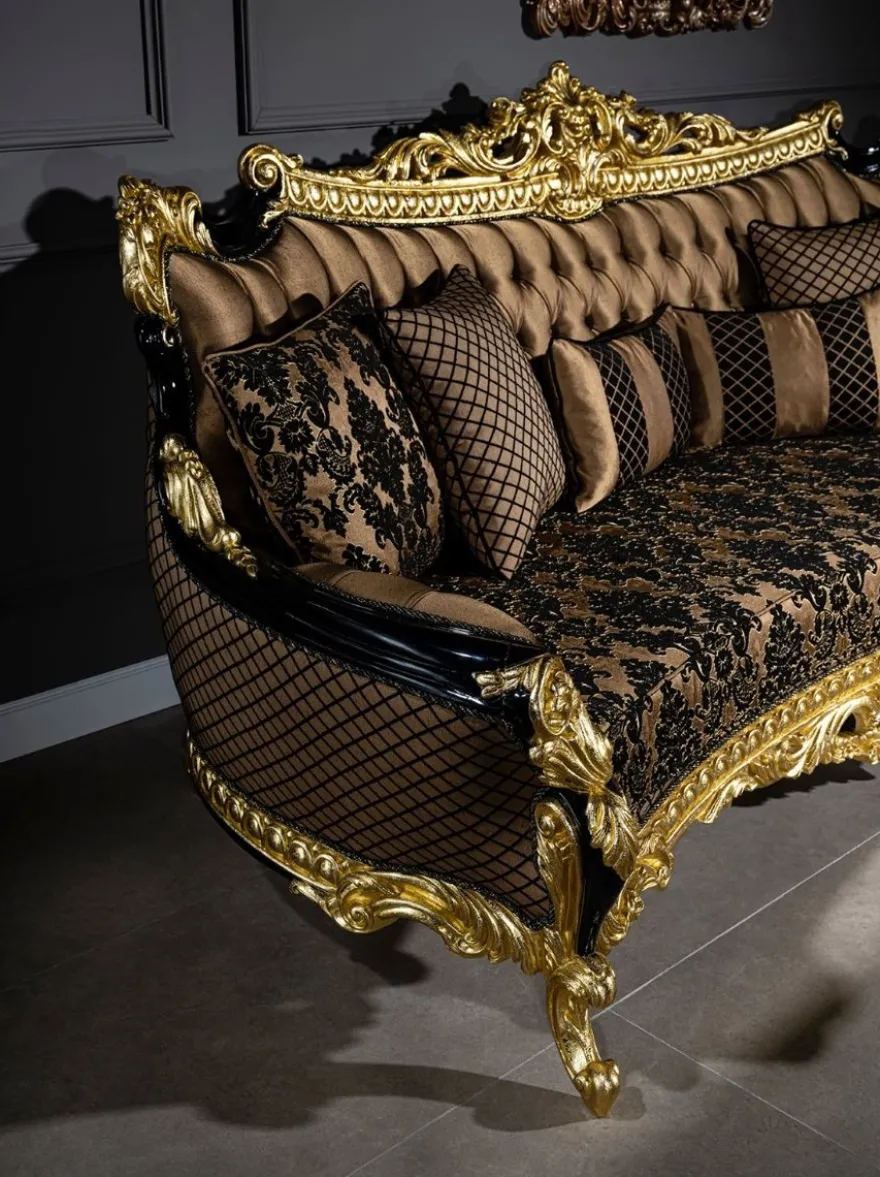 Casa Padrino Luxus Barock Sofa Braun / Schwarz / Gold 260 x 110 x H. 117 cm - Prunkvolles Wohnzimmer Sofa mit dekorativen Kissen - Edle Barock Möbel