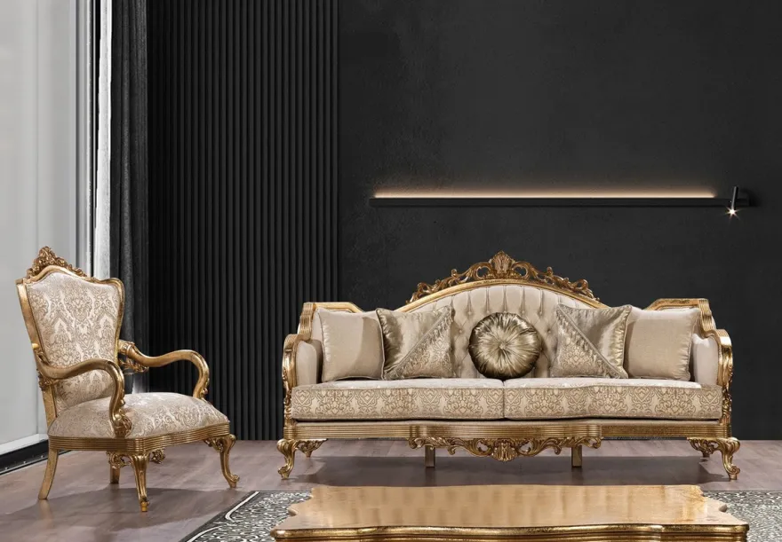 Casa Padrino Luxus Barock Sofa Gold Muster / Antik Gold - Barockstil Wohnzimmer Sofa mit elegantem Muster - Luxus Wohnzimmer Möbel im Barockstil - Barock Einrichtung - Barock Möbel