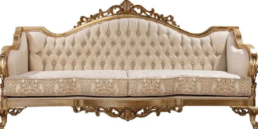 Casa Padrino Luxus Barock Sofa Gold Muster / Antik Gold - Barockstil Wohnzimmer Sofa mit elegantem Muster - Luxus Wohnzimmer Möbel im Barockstil - Barock Einrichtung - Barock Möbel