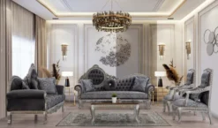 Casa Padrino Luxus Barock Sofa Grau / Blau / Silber / Bronze 230 x 90 x H. 135 cm - Prunkvolles Massivholz Wohnzimmer Sofa mit elegantem Muster und dekorativen Kissen - Barock Wohnzimmer Möbel