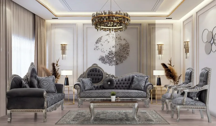Casa Padrino Luxus Barock Sofa Grau / Blau / Silber / Bronze 230 x 90 x H. 135 cm - Prunkvolles Massivholz Wohnzimmer Sofa mit elegantem Muster und dekorativen Kissen - Barock Wohnzimmer Möbel