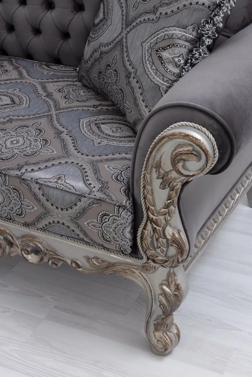 Casa Padrino Luxus Barock Sofa Grau / Blau / Silber / Bronze 230 x 90 x H. 135 cm - Prunkvolles Massivholz Wohnzimmer Sofa mit elegantem Muster und dekorativen Kissen - Barock Wohnzimmer Möbel