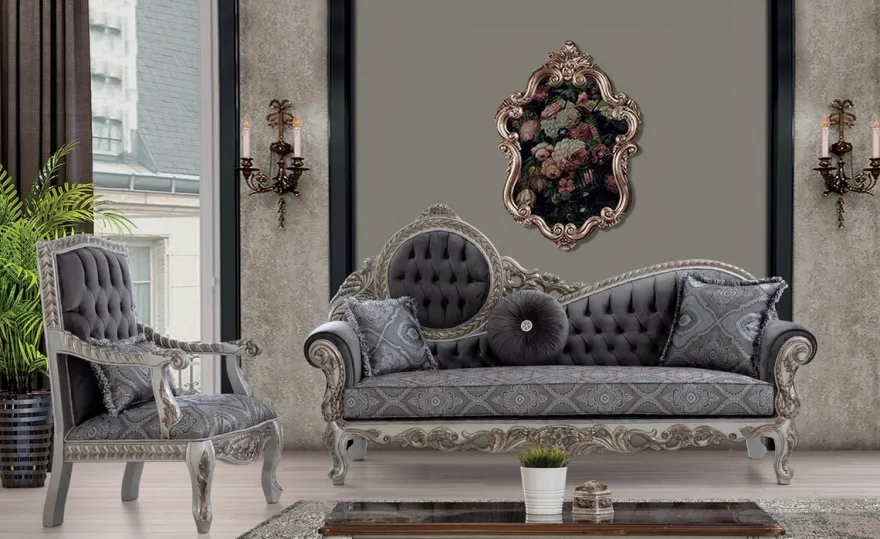 Casa Padrino Luxus Barock Sofa Grau / Blau / Silber / Bronze 230 x 90 x H. 135 cm - Prunkvolles Massivholz Wohnzimmer Sofa mit elegantem Muster und dekorativen Kissen - Barock Wohnzimmer Möbel