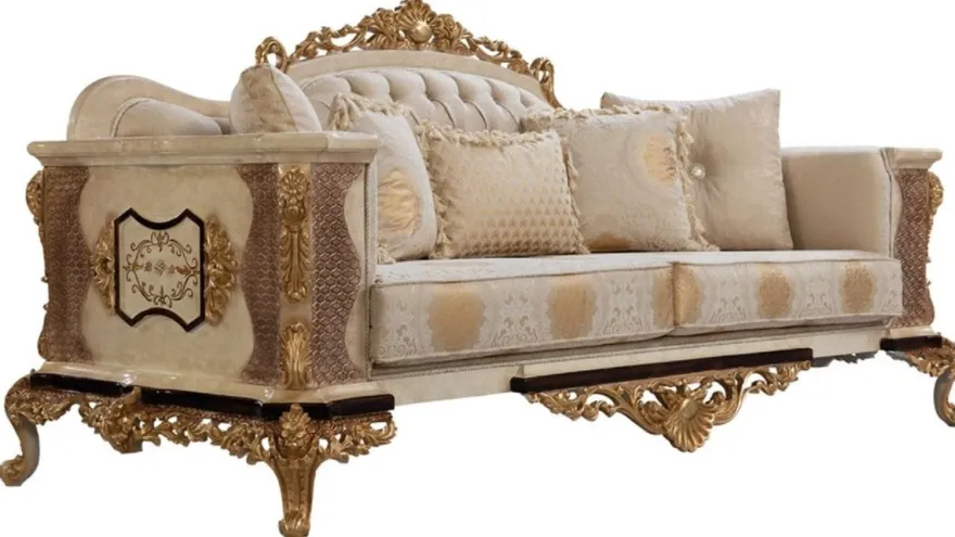 Casa Padrino Luxus Barock Sofa Weiß / Beige / Creme / Schwarz / Gold - Barockstil Wohnzimmer Sofa mit elegantem Muster - Luxus Wohnzimmer Möbel im Barockstil - Barock Möbel - Barock Einrichtung