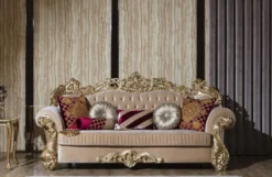 Casa Padrino Luxus Barock Sofa Beige / Gold 244 x 95 x H. 123 cm - Prunkvolles Wohnzimmer Sofa mit dekorativen Kissen - Barock Wohnzimmer Möbel