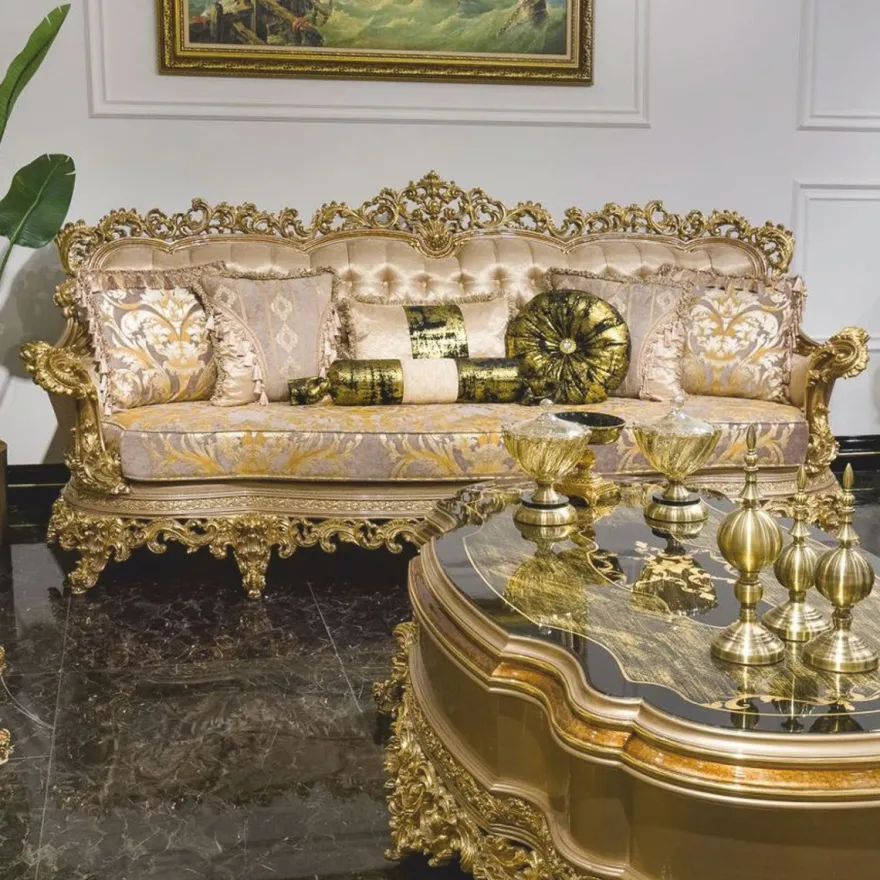 Casa Padrino Luxus Barock Sofa Grau / Gold 285 cm - Prunkvolles Barock Wohnzimmer Sofa - Barock Wohnzimmer Möbel
