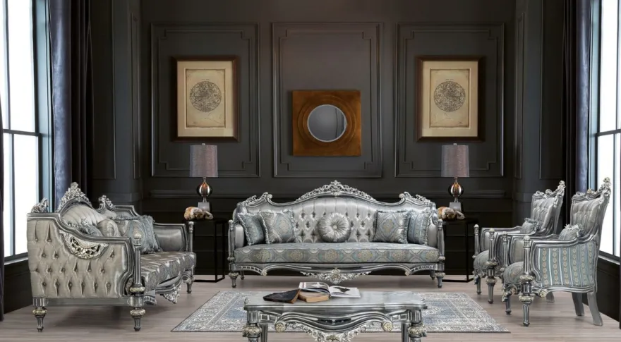Casa Padrino Luxus Barock Sofa Silber / Türkis / Gold 248 x 96 x H. 118 cm - Prunkvolles Massivholz Wohnzimmer Sofa mit elegantem Muster und dekorativen Kissen - Barock Wohnzimmer Möbel