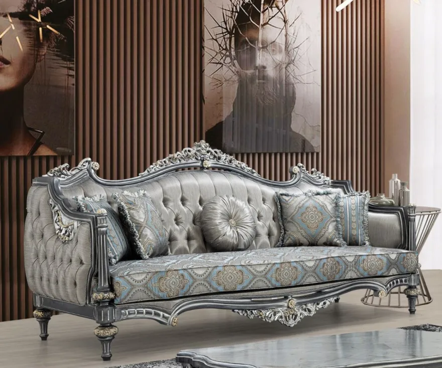 Casa Padrino Luxus Barock Sofa Silber / Türkis / Gold 248 x 96 x H. 118 cm - Prunkvolles Massivholz Wohnzimmer Sofa mit elegantem Muster und dekorativen Kissen - Barock Wohnzimmer Möbel