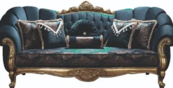Casa Padrino Luxus Barock Sofa Blau / Gold 220 x 90 x H. 110 cm - Prunkvolles Wohnzimmer Sofa mit Glitzersteinen und dekorativen Kissen