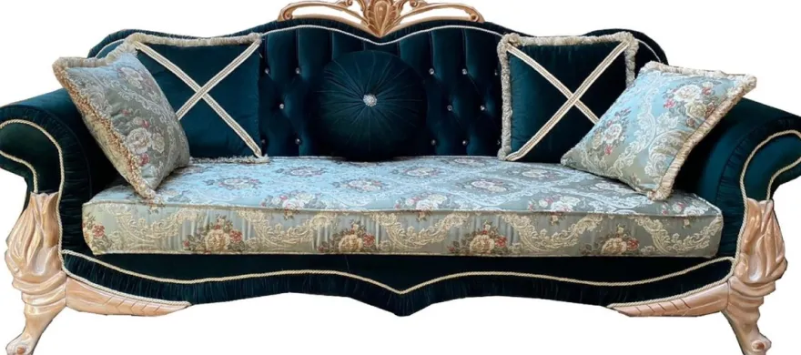 Casa Padrino Luxus Barock Sofa Türkis / Grün / Creme - Prunkvolles Wohnzimmer Sofa mit elegantem Blumenmuster und Glitzersteinen - Barock Wohnzimmer Möbel