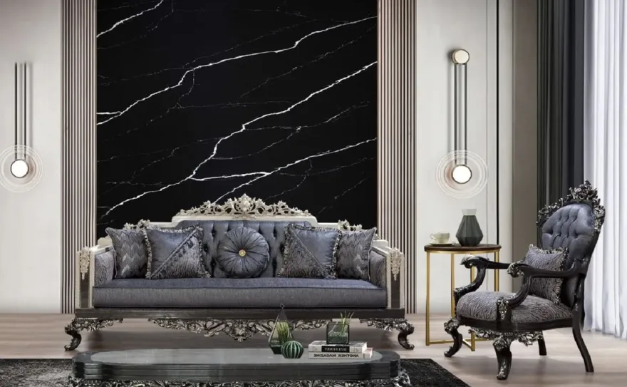 Casa Padrino Luxus Barock Sofa Blau / Grau / Weiß / Schwarz / Silber - Prunkvolles Wohnzimmer Sofa mit elegantem Muster - Barock Wohnzimmer & Hotel Möbel - Edel & Prunkvoll