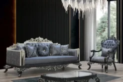 Casa Padrino Luxus Barock Sofa Blau / Grau / Weiß / Schwarz / Silber - Prunkvolles Wohnzimmer Sofa mit elegantem Muster - Barock Wohnzimmer & Hotel Möbel - Edel & Prunkvoll