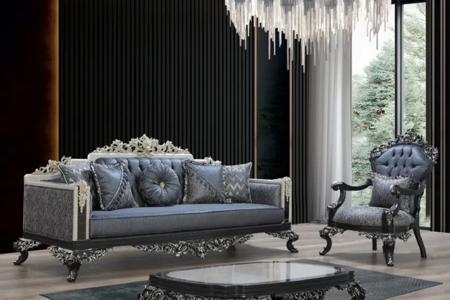Casa Padrino Luxus Barock Sofa Blau / Grau / Weiß / Schwarz / Silber - Prunkvolles Wohnzimmer Sofa mit elegantem Muster - Barock Wohnzimmer & Hotel Möbel - Edel & Prunkvoll