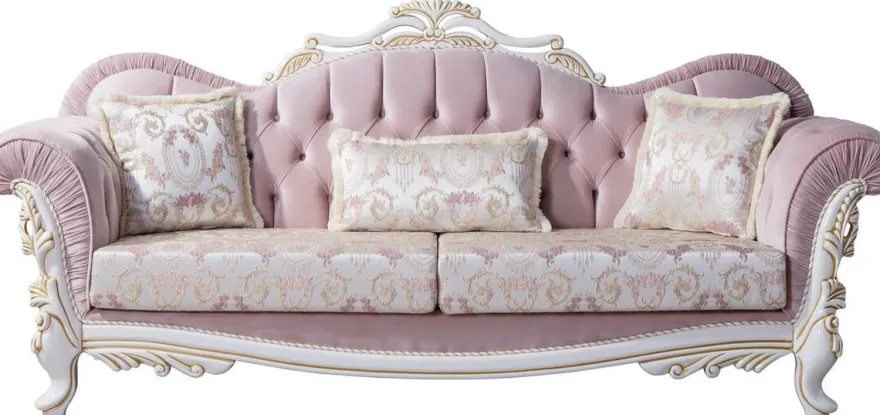 Casa Padrino Luxus Barock Sofa mit dekorativen Kissen Rosa / Silber / Weiß / Gold 243 x 90 x H. 110 cm - Barockstil Wohnzimmer Möbel