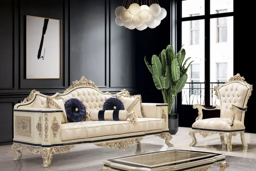Casa Padrino Luxus Barock Sofa Weiß / Creme / Schwarz / Antik Gold - Barockstil Wohnzimmer Sofa mit elegantem Muster - Luxus Wohnzimmer Möbel im Barockstil - Barock Einrichtung - Barock Möbel