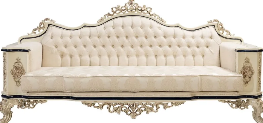 Casa Padrino Luxus Barock Sofa Weiß / Creme / Schwarz / Antik Gold - Barockstil Wohnzimmer Sofa mit elegantem Muster - Luxus Wohnzimmer Möbel im Barockstil - Barock Einrichtung - Barock Möbel