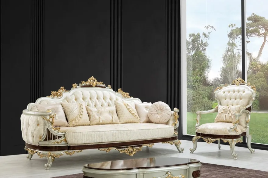 Casa Padrino Luxus Barock Sofa Creme / Beige / Dunkelbraun / Silber / Gold 260 x 90 x H. 125 cm - Prunkvolles Barockstil Wohnzimmer Sofa mit elegantem Muster - Barock Möbel