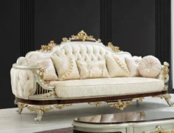 Casa Padrino Luxus Barock Sofa Creme / Beige / Dunkelbraun / Silber / Gold 260 x 90 x H. 125 cm - Prunkvolles Barockstil Wohnzimmer Sofa mit elegantem Muster - Barock Möbel