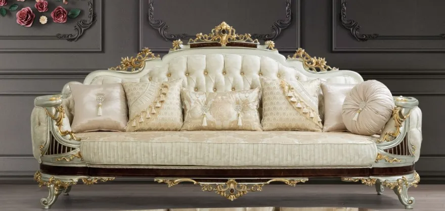 Casa Padrino Luxus Barock Sofa Creme / Beige / Dunkelbraun / Silber / Gold 260 x 90 x H. 125 cm - Prunkvolles Barockstil Wohnzimmer Sofa mit elegantem Muster - Barock Möbel