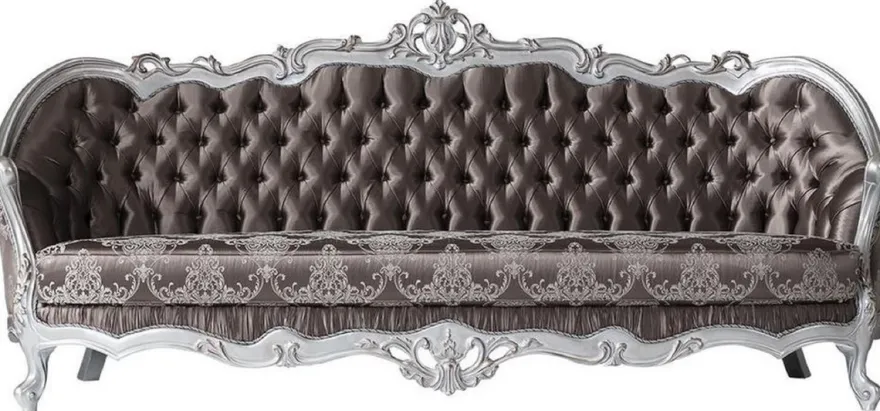 Casa Padrino Luxus Barock Sofa Bronzefarben / Silber 262 x 90 x H. 113 cm - Prunkvolles Wohnzimmer Sofa mit dekorativen Kissen - Barock Möbel