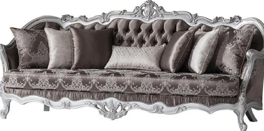 Casa Padrino Luxus Barock Sofa Bronzefarben / Silber 262 x 90 x H. 113 cm - Prunkvolles Wohnzimmer Sofa mit dekorativen Kissen - Barock Möbel