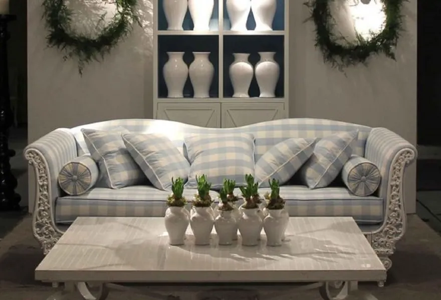 Casa Padrino Luxus Barock Sofa Weiß / Hellblau 220 x 100 x H. 80 cm - Handgeschmiedetes Schmiedeeisen Sofa mit Kissen - Wohnzimmer Sofa - Garten Sofa - Terrassen Sofa - Barock Möbel