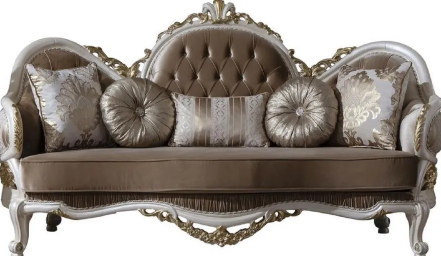 Casa Padrino Luxus Barock Sofa Braun / Weiß / Gold 220 x 80 x H. 124 cm - Prunkvolles Wohnzimmer Sofa mit dekorativen Kissen - Barock Möbel
