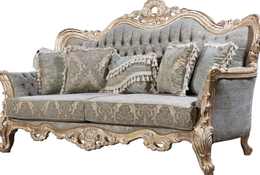 Casa Padrino Luxus Barock Sofa Grün / Antik Gold - Barockstil Wohnzimmer Sofa mit elegantem Muster - Luxus Wohnzimmer Möbel im Barockstil - Barock Möbel - Barock Einrichtung