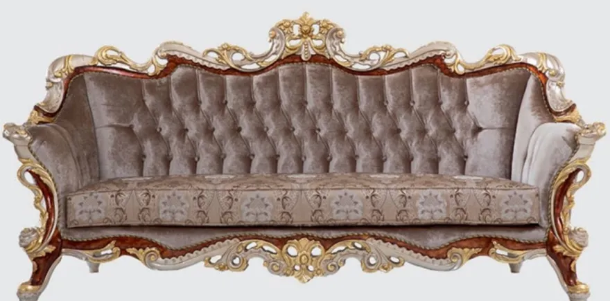 Casa Padrino Luxus Barock Sofa Grau / Braun / Silber / Gold 255 x 95 x H. 118 cm - Prunkvolles Wohnzimmer Sofa mit elegantem Muster - Möbel im Barockstil